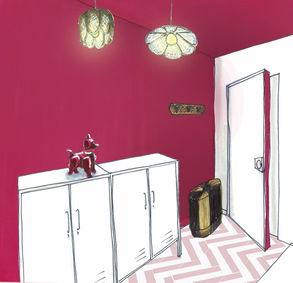 salle de bain zelliges et objets choisis framboise ressource peinture chien animal céramique kitsch décalé panier à linge suspensions rotin carrelage grès cérame