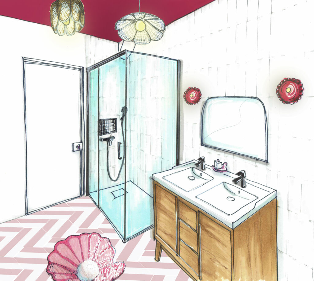 cabine de douche peinture ressource suspensions vintages plan vasque miroir chiné carreaux zelliges salle de bain zelliges et objets choisis