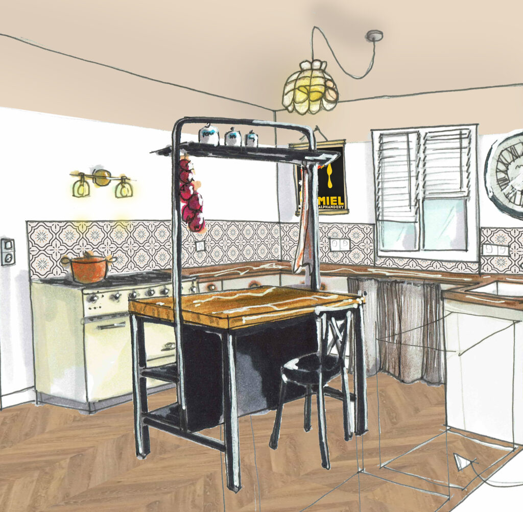 cuisine sur-mesure, aménagement cuisine pratique, décoration cuisine chaleureuse, cuisine vintage, relooking cuisine
