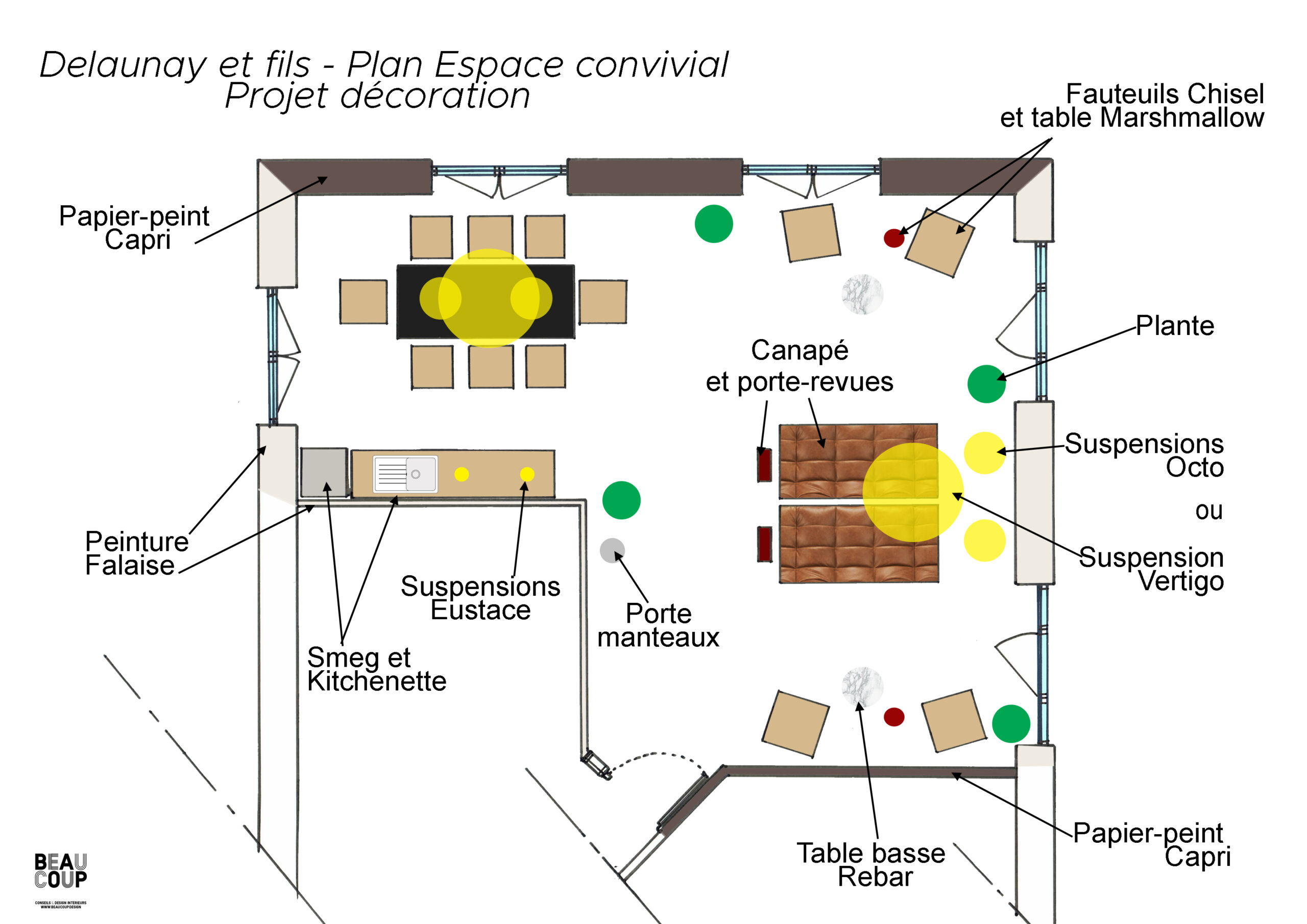 plan d’aménagement hall d’entreprise plan d’espace convivial plan décoration intérieure aménagement intérieur professionnel vue 3D espace accueil entreprise zoning aménagement intérieur
