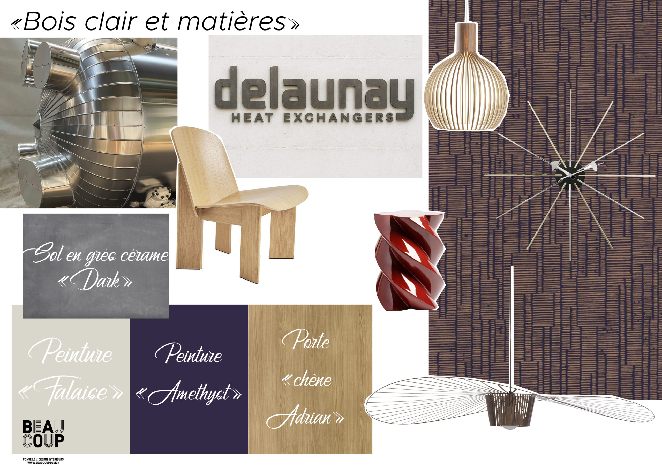 planche d'ambiance moodboard bois et matières échantillons