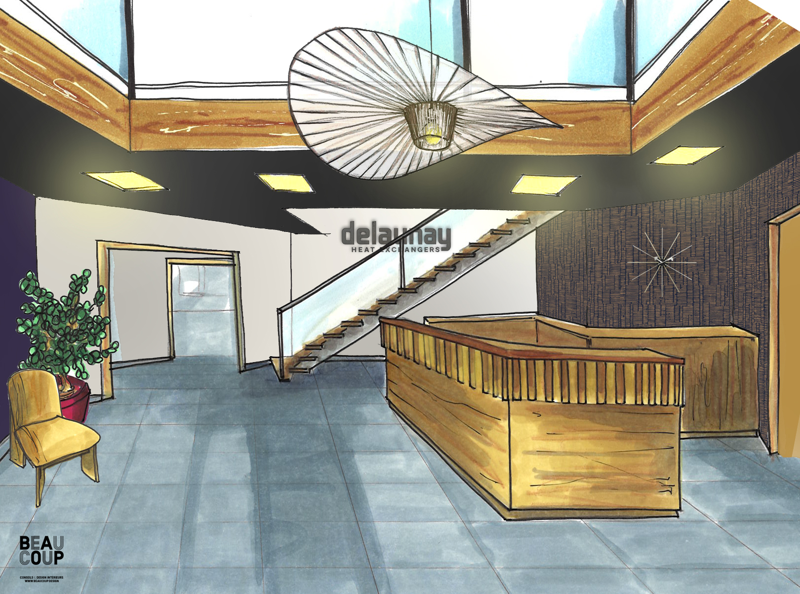 croquis d’aménagement intérieur dessin d’ambiance à la main croquis coloré au feutre croquis hall d’accueil entreprise illustration décoratrice d’intérieur esquisse espace convivial dessin design intérieur entreprise