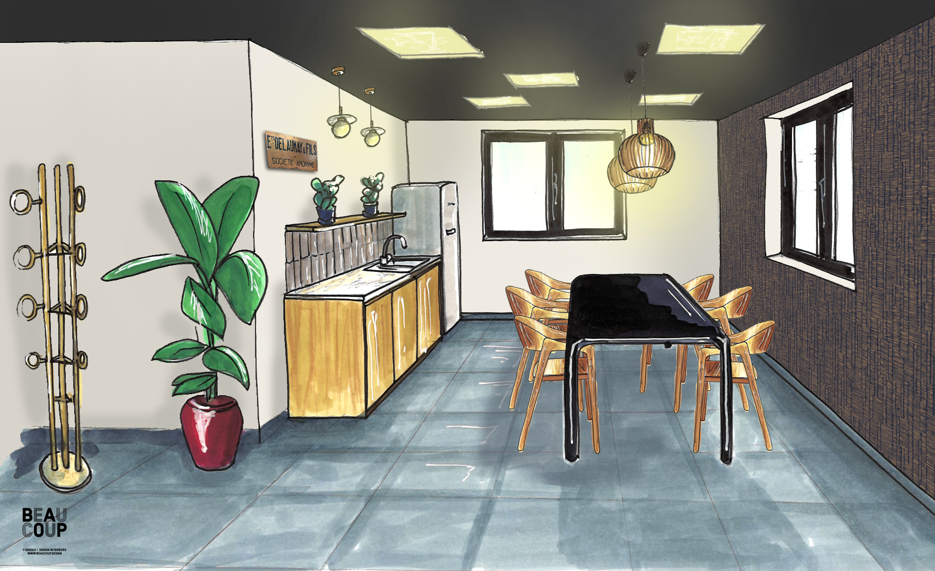 ambiance chaleureuse entreprise design industriel doux teintes Falaise et Améthyste