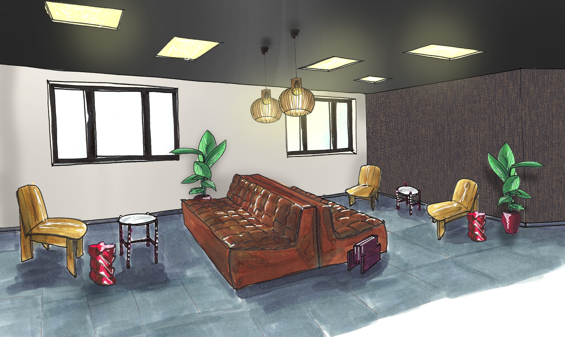 tables d’appoint rouges porte-revues Giotto Stoppino porte-manteau design Ramo bois travertin luminaires Octo 4240 Secto Design réfrigérateur SMEG beige poudrépapier peint Capri matières naturelles et métal décoration entreprise contemporaine atmosphère accueillante et élégante harmonie de couleurs minérales