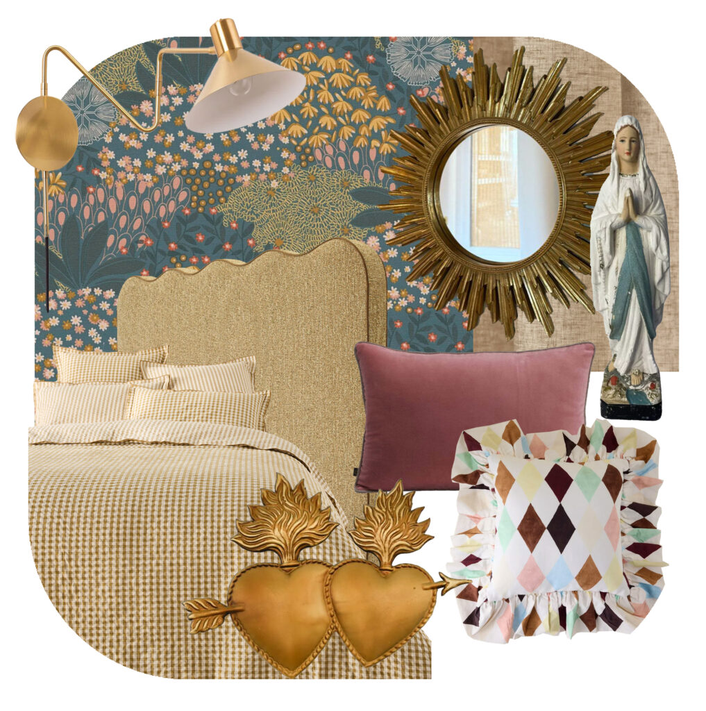 chambre parentale chambre cocon décoration papier peint fleuri chambre décoration murale fleurie ambiance feutrée chambre décoration avec objets chinés décoration vintage et moderne objets de dévotion décoration ex-voto décoration intérieure décoration poétique chambre chambre au style intemporel décoratrice d’intérieur projet chambre décoration personnalisée sur mesure décoration intérieure haut de gam