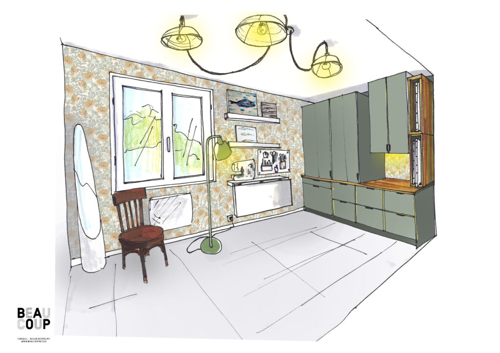 agencement atelier peinture aménagement atelier céramique rangement pour toiles d’art plan de travail sur-mesure bois mobilier détourné design aménagement pièce créative bureau / atelier à domicile espace création artistique