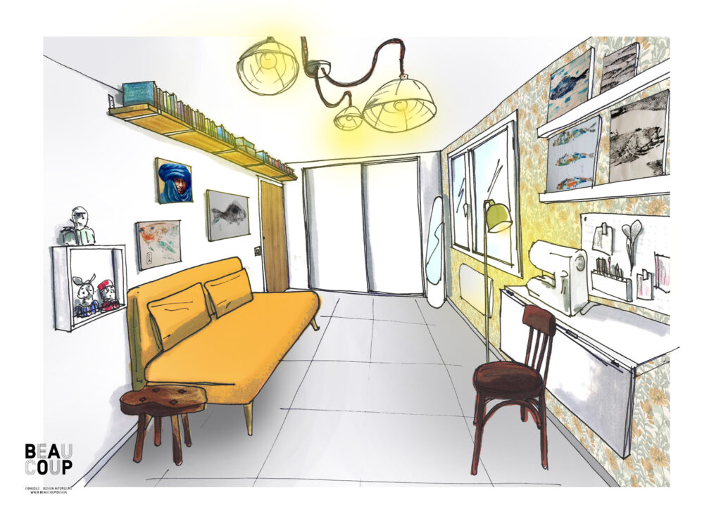 ambiance atelier artistique décoration intérieure atelier style atelier indus couleurs sauge et moutarde décoration créative et originale mobilier fonctionnel et esthétique