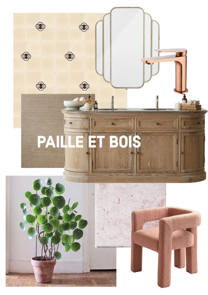 Paille et Bois Meubles en bois clair Miroirs arrondis Carrelage terre cuite Fibres naturelles (rotin, osier) Matériaux bruts Ambiance organique Plantes vertes Tons neutres Bois massif Finitions naturelles