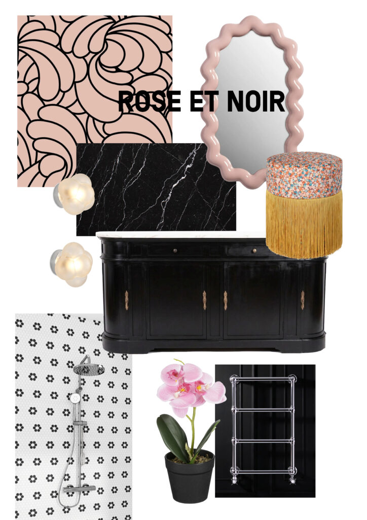 Rose et Noir Marbre noir veiné Miroir organique rose Luminaires dorés Velours rose Rotin naturel Carrelage noir et blanc Mobilier laqué noir Accessoires dorés Ambiance romantique Contraste rose et noir