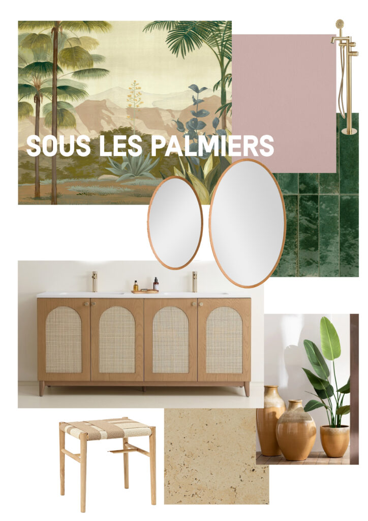 Décoratrice d’intérieur Le Havre Décoratrice d’intérieur Normandie Décoratrice d’intérieur France Aménagement salle de bain le havre ous les Palmiers Rotin Miroirs ovales Carrelage vert émeraude Terre cuite Mobilier bois clair Ambiance tropicale Matériaux exotiques Plantes luxuriantes Tons naturels Inspiration jungle