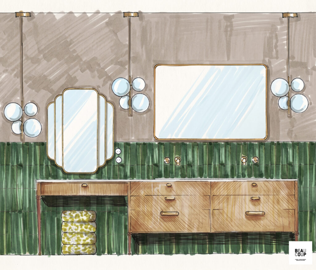 création de salle de bain design décorateur d'intérieur salle de bain plan de salle de bain sur mesure meuble vasque chêne clair sur mesure baignoire îlot haut de gamme robinetterie or satiné / or brossé douche sur mesure verre bombé paroi de douche courbe acier zellige blanc pose inversée carreaux de ciment salle de bain