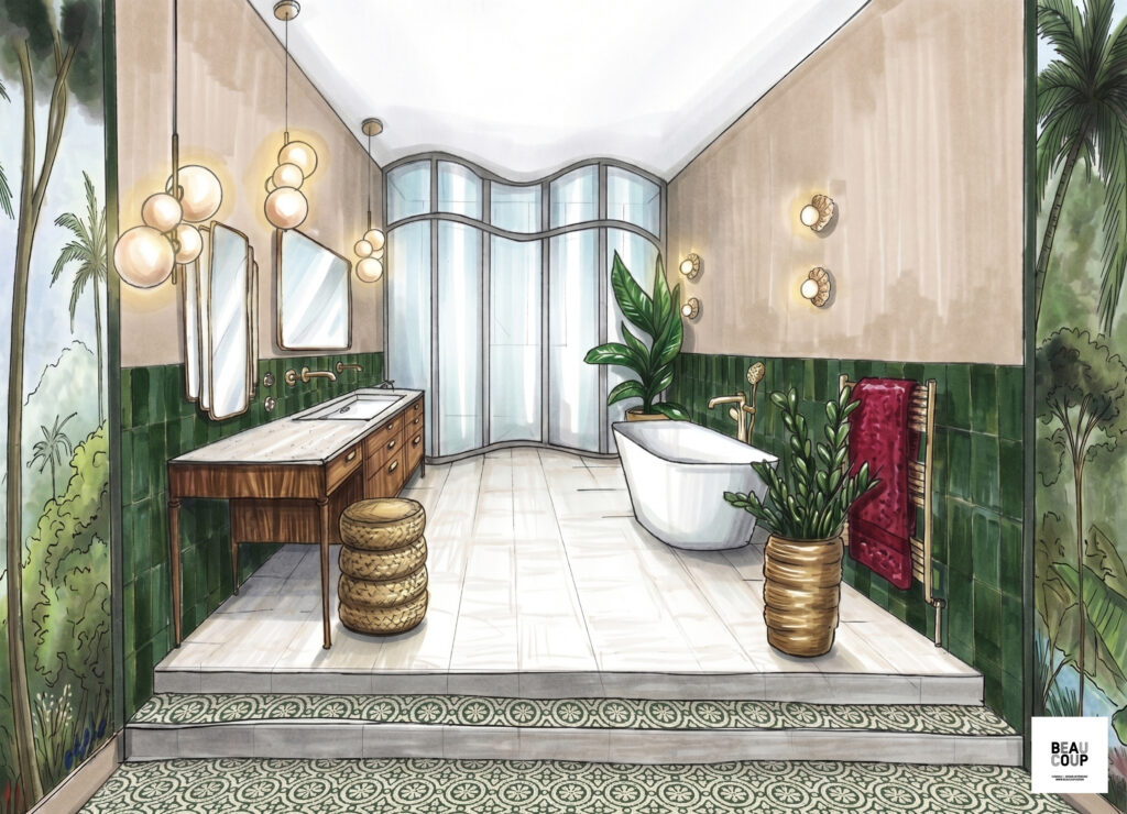salle de bain tropicale chic décoration salle de bain jungle salle de bain ambiance palmier salle de bain zellige vert émeraude décoration salle de bain travertin et bois