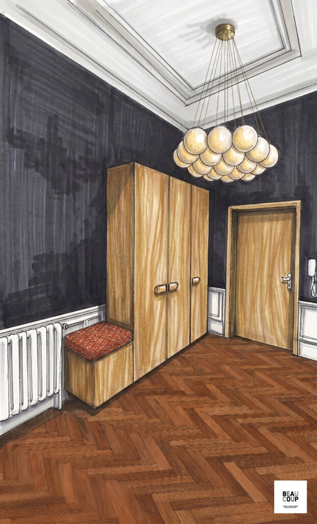 sublimer les espaces de passage l'entrée et le cabinet de toilette croquis entrée appartement, peinture bleu foncé Le Déluge, placard sur mesure chêne, banquette entrée design, miroir vintage années 60, décoration entrée cocon, suspension globes verre.