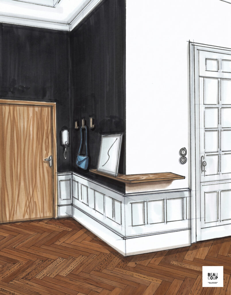 sublimer les espaces de passage l'entrée et le cabinet de toilette peinture bleu foncé Le Déluge, bleu nuit apaisant, placage chêne naturel, bois de chêne, verre biseauté, tissu à motifs audacieux.