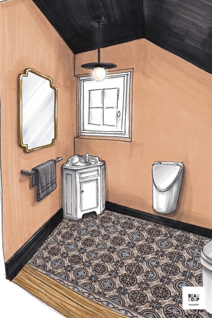 sublimer les espaces de passage l'entrée et le cabinet de toilette Dessin de conception de toilettes optimisées avec vasque ancienne sur meuble en bois blanc et miroir Art déco