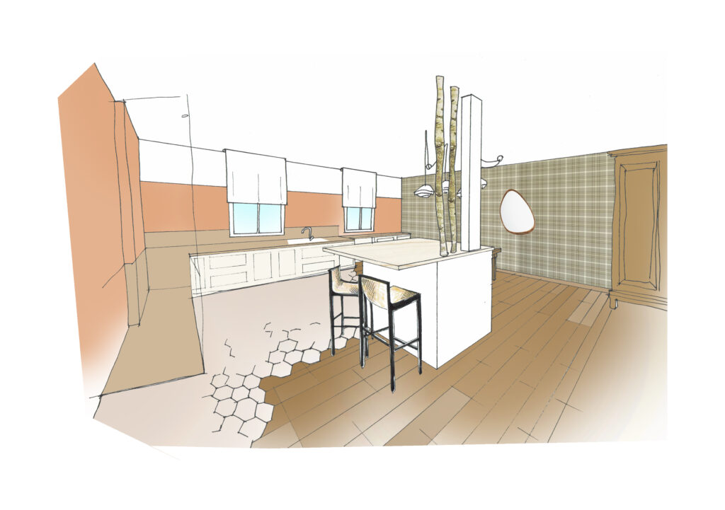 conception cuisine 3D, plan d'implantation cuisine, cuisine avec poteau porteur, intégrer un poteau dans un îlot décoration le havre
