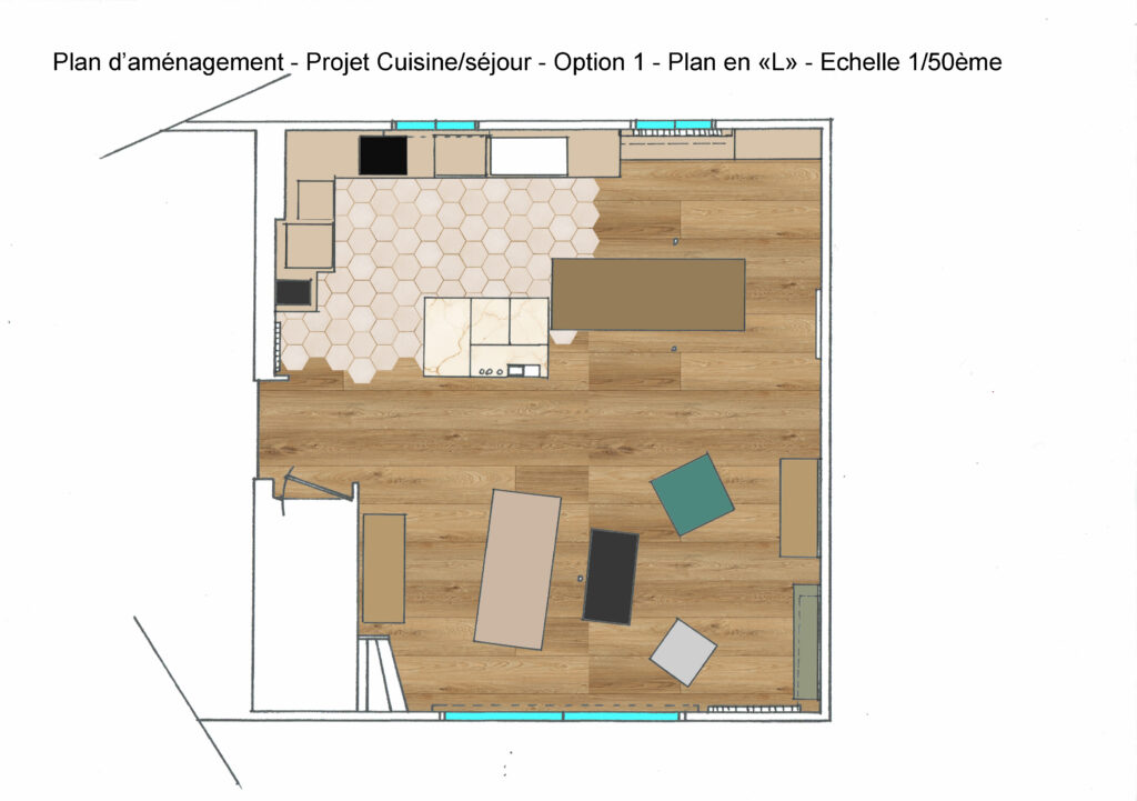 implantation d'une cuisine architecte d'intérieur cuisine, îlot central avec poteau, optimisation espace cuisine, plan cuisine en L, cuisine conviviale