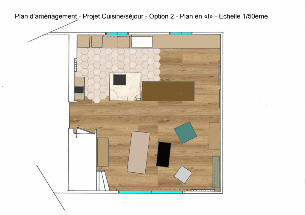 meuble de cuisine sur mesure sous fenêtre, aménagement niche café, transition parquet tomettes.