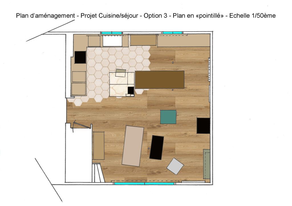 plan cuisine en I avec îlot plan cuisine en L avec îlot coffrage poteau îlot central cuisine sous fenêtre avec radiateur cuisine ouverte avec décroché mural cuisine sans meuble haut sous fenêtre double profondeur meuble cuisine agencement cuisine couloir ouverte délimitation sol cuisine salon jonction tomettes parquet chêne création niche meuble café optimisation circulation cuisine séjour