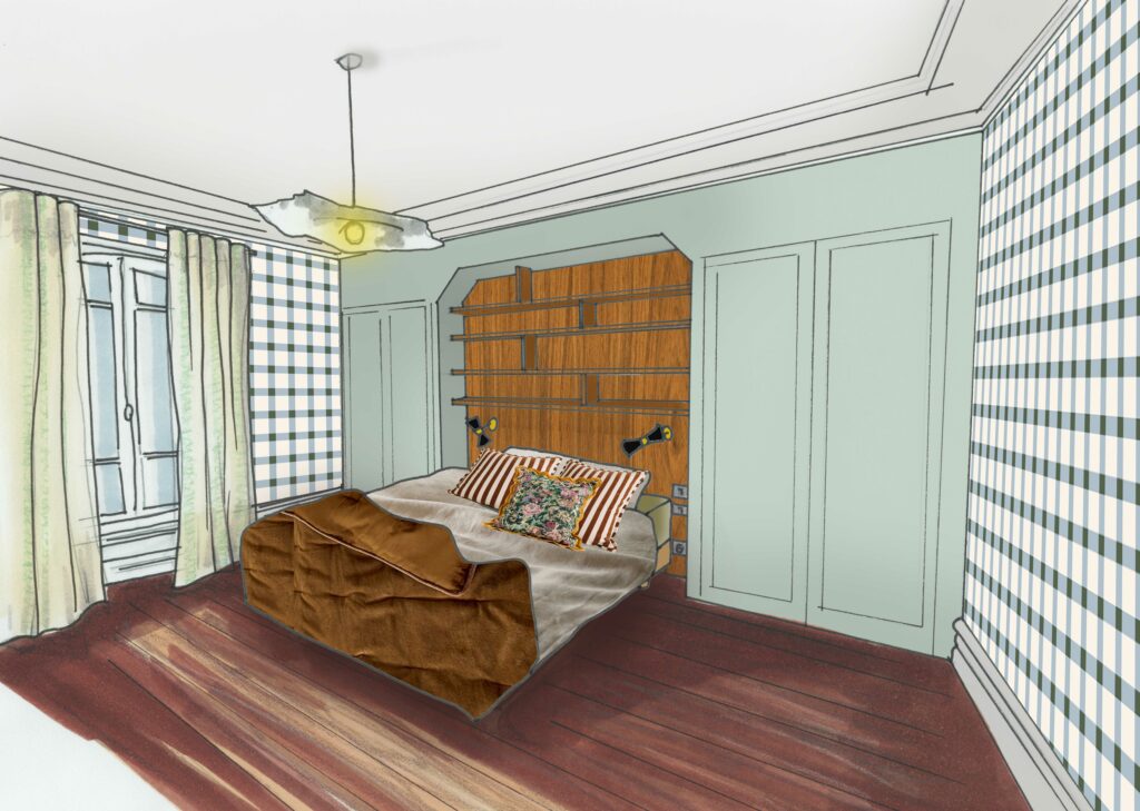 nfilade vintage chambre Styles, Couleurs & Ambiance chambre esprit british contemporain décoration chambre vert sauge papier peint à carreaux chambre