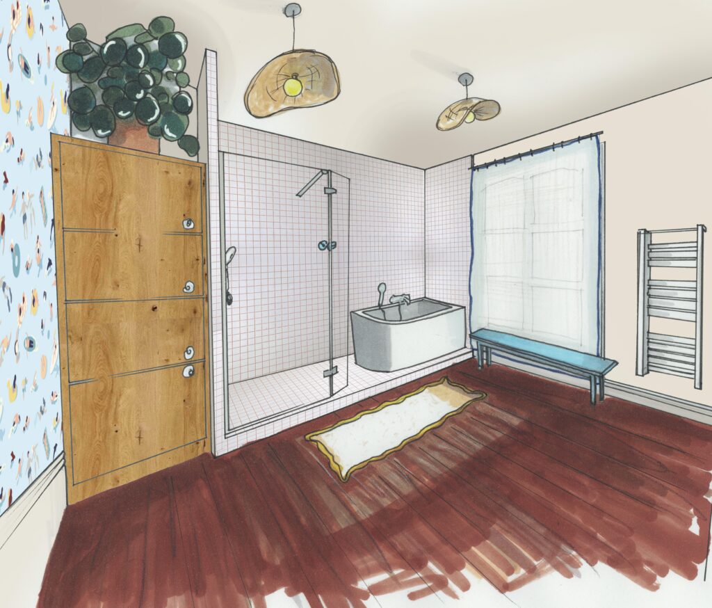 double vasque retro paroi verre flute douche coffrage robinetterie encastree seche serviette eau chaude noir Styles, Marques & Finitions de caractère salle de bain balneaire chic salle de bain retro chic contemporaine
