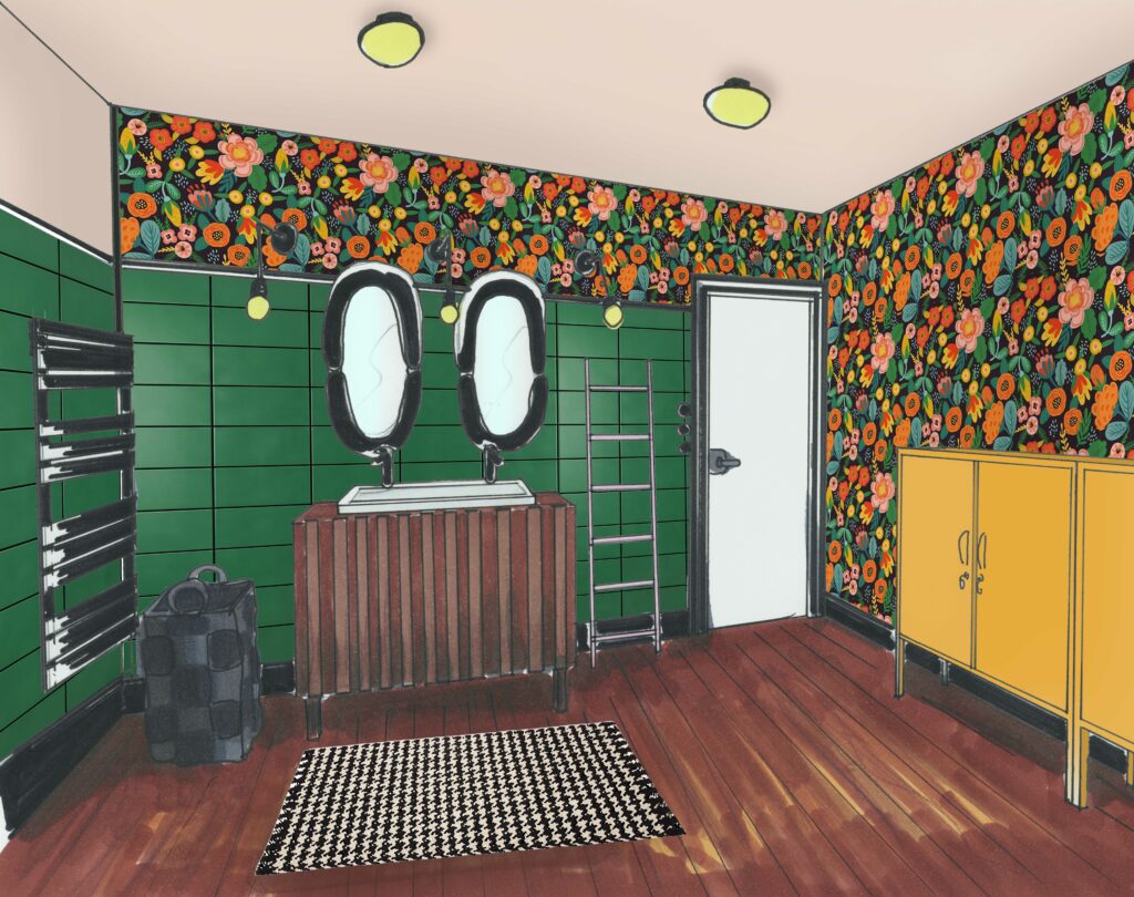 papier peint panoramique salle de bain papier peint floral etanche carrelage effet piscine salle de bain joints noir mat carrelage Équipements & Agencement technique baignoire semi ilot mosaique estrade technique salle de bain meuble vasque manguier 160 cm