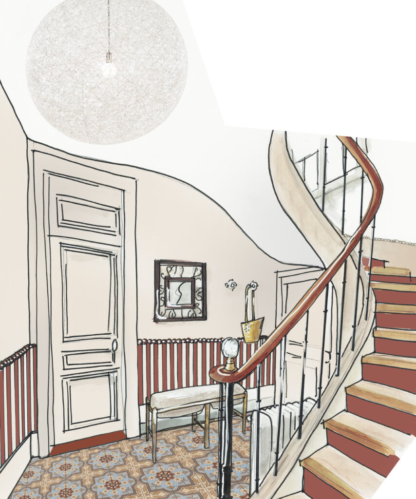 carreaux de ciment anciens carreaux de ciment d’origine soubassement mural soubassement mouluré moulure bois massif escalier en bois ancien contre-marches peintes