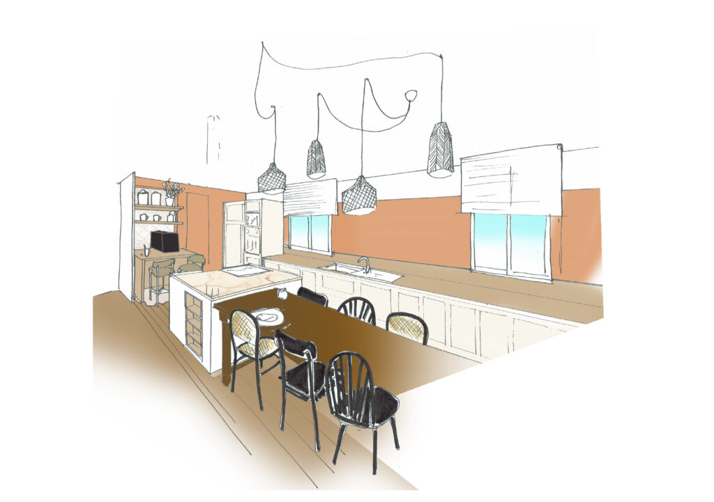 Style & matériaux : cuisine scandinave moderne, plan de travail effet marbre, cuisine blanc et bois, crédence zellige beige, îlot central avec coin repas.